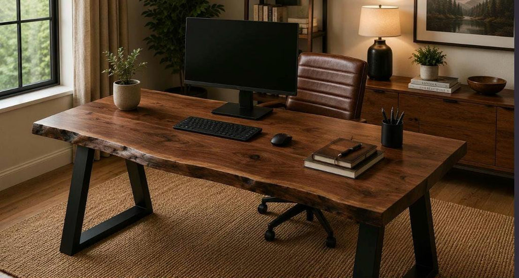 Walnut Wooden Desk | Home Office Desk | Computer Desk | Resin | Trapezium Leg | Industrial Desk | Solid Walnut | Handmade | Work From Home